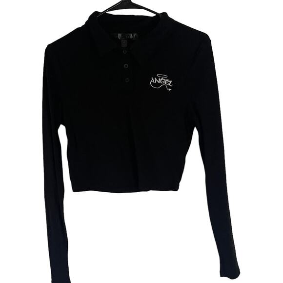 Faded Rose Grunge Size Large Black Cropped Angel Devil Long Sleeve Top - Picture 2 of 7